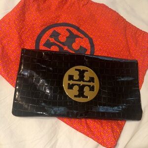 Tory Burch Croc embossed Reva Black Clutch